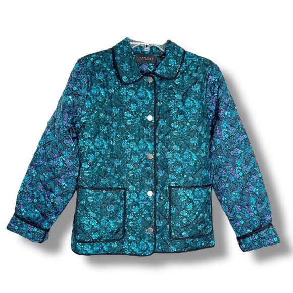 Carlisle Collection Blue Floral Snap Front Collared Silk Quilted Jacket Size 12 - Picture 7 of 9